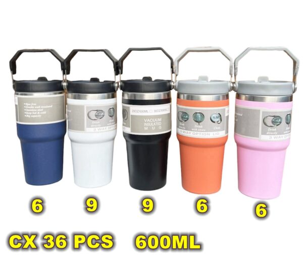 Garrafa Térmica Copo Caneca De Aço Inox Cor branca e Alça Flip Parede Dupla 600ml  (SEM LOGO)