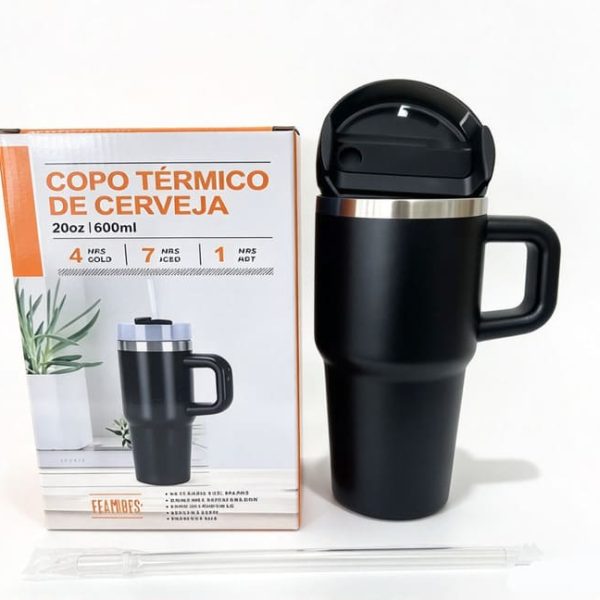 Copo Térmico Com Canudo De 600ml Alça (SÓ PRETO)